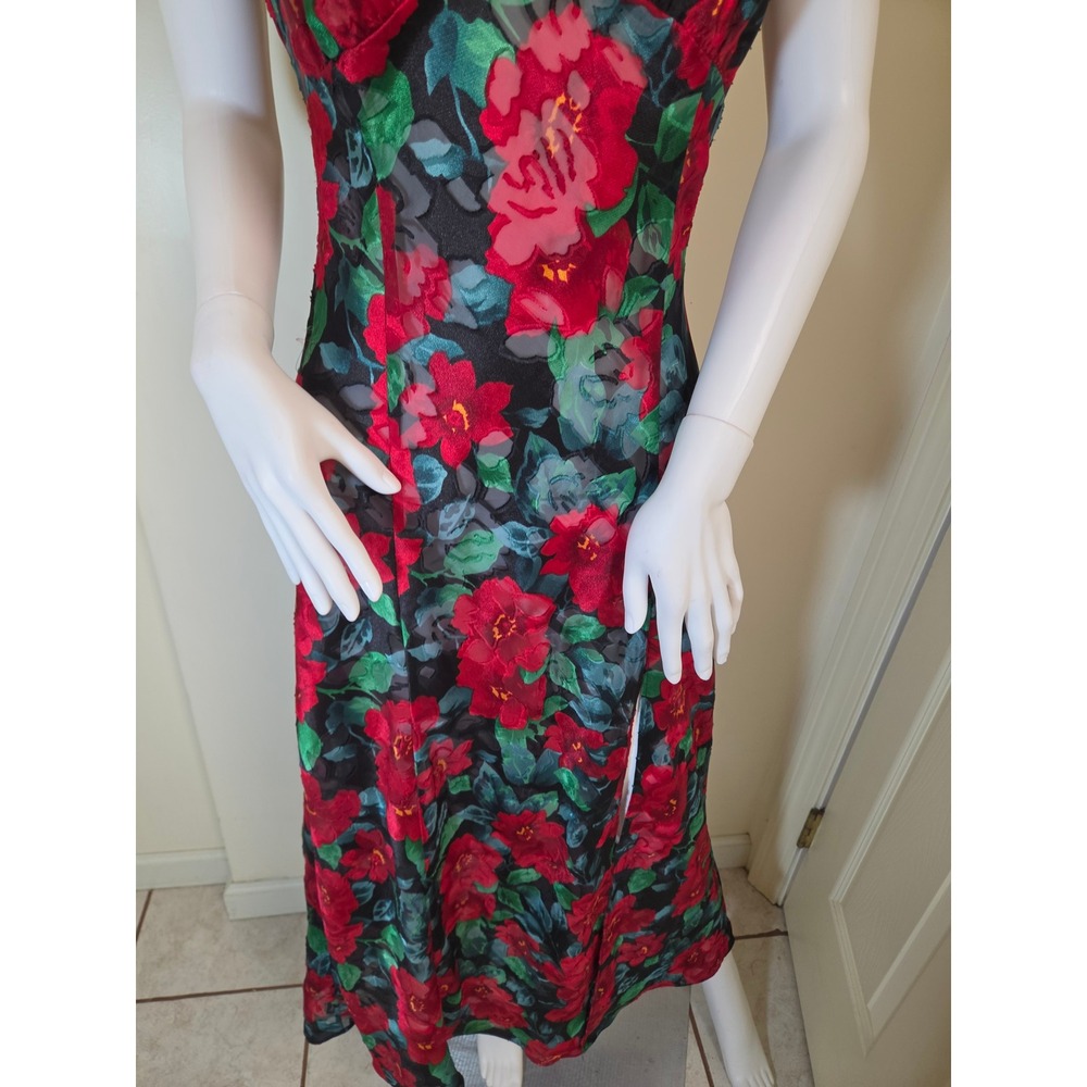 Vintage 1980S Victorias Secret Gold Label Red Floral Burnout Maxi Slip Dress M - Picture 4 of 12